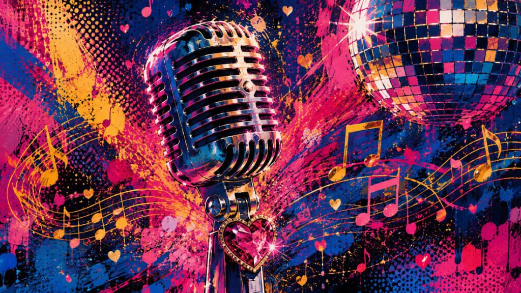 Ilustração pop-art com microfone vintage decorado com corações, fragmentos de bola de discoteca e notas musicais em paleta azul, rosa e dourado — evocando o dueto icônico "Especially for You"