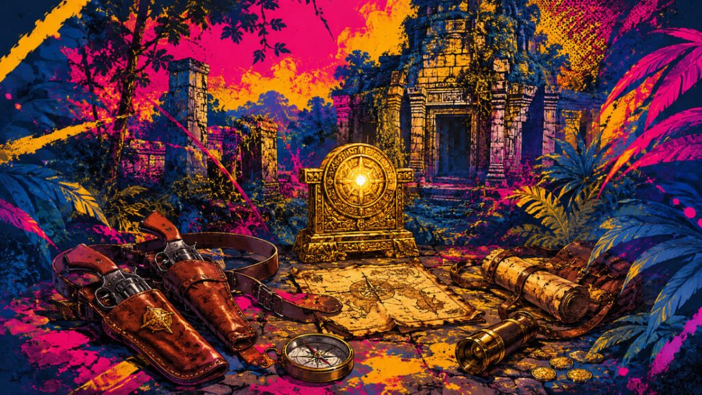 Ilustração pop-art de cena arqueológica com templo antigo, artefato dourado, coldres e mapa em paleta azul, rosa e dourado — evocando o universo Tomb Raider