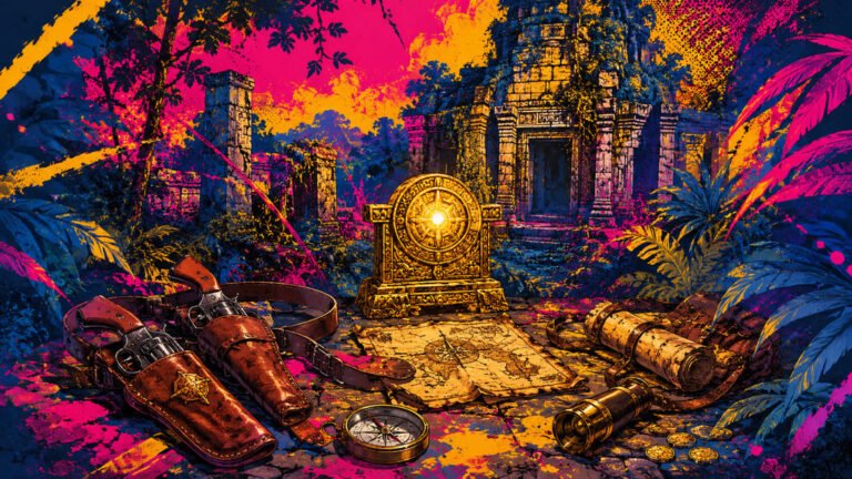 Ilustração pop-art de cena arqueológica com templo antigo, artefato dourado, coldres e mapa em paleta azul, rosa e dourado — evocando o universo Tomb Raider