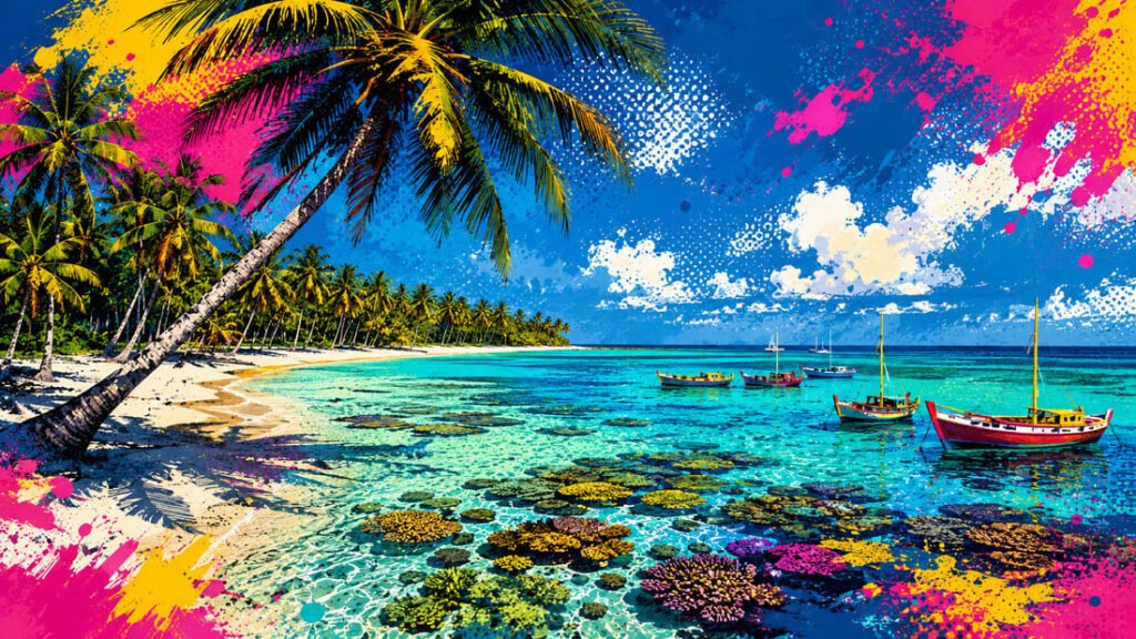 Ilustração pop-art de praia paradisíaca brasileira com mar turquesa, recifes de coral, coqueiros e jangadas ao longe em paleta azul, rosa e dourado