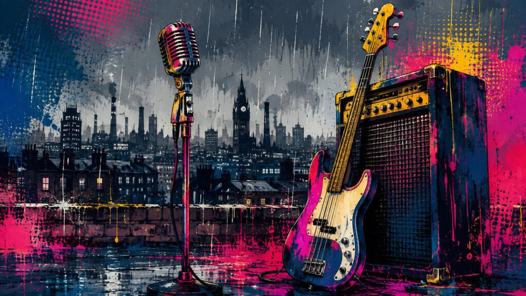 Ilustração pop-art sombria com microfone vintage, baixo encostado em amplificador e chuva sobre o skyline industrial de Manchester em paleta azul, rosa e dourado