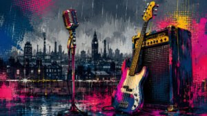 Ilustração pop-art sombria com microfone vintage, baixo encostado em amplificador e chuva sobre o skyline industrial de Manchester em paleta azul, rosa e dourado