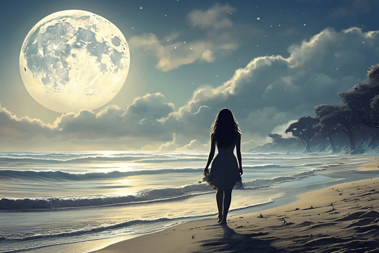 Pessoa caminhando na praia sob a luz do luar