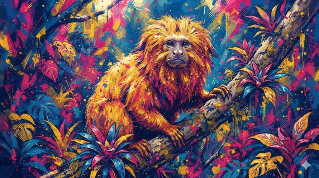 Ilustração pop-art de mico-leão-dourado com juba dourada em galho da Mata Atlântica, em paleta azul, rosa e dourado — símbolo da conservação brasileira