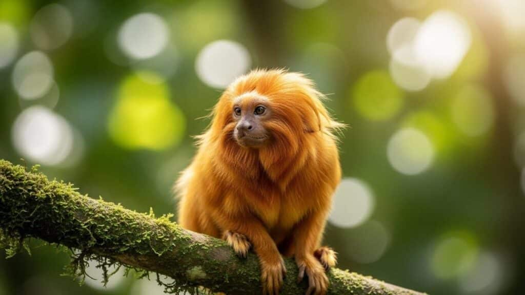 Mico-leão-dourado na Mata Atlântica. Imagem criada com IA.