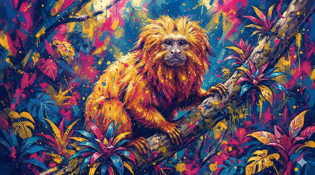 Ilustração pop-art de mico-leão-dourado com juba dourada em galho da Mata Atlântica, em paleta azul, rosa e dourado — símbolo da conservação brasileira