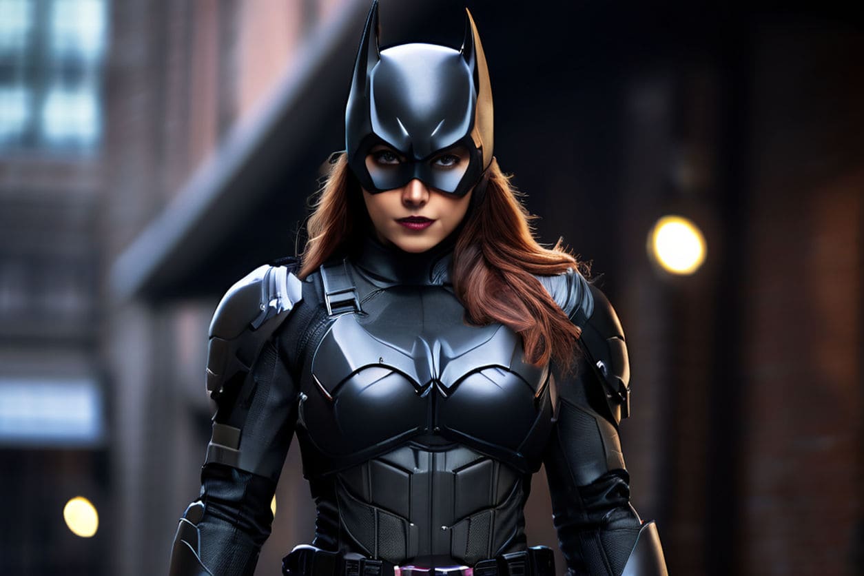 Traje moderno da Batgirl, com design tático e tons escuros, adaptado para combate.