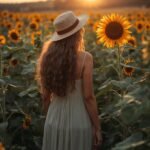Mulher de vestido de verão e chapéu caminha pelas fileiras de um denso campo de girassóis. As fileiras agem como linhas condutoras que guiam o olhar do espectador em direção ao fundo. Foto com foco humano e perspectiva em meio às flores