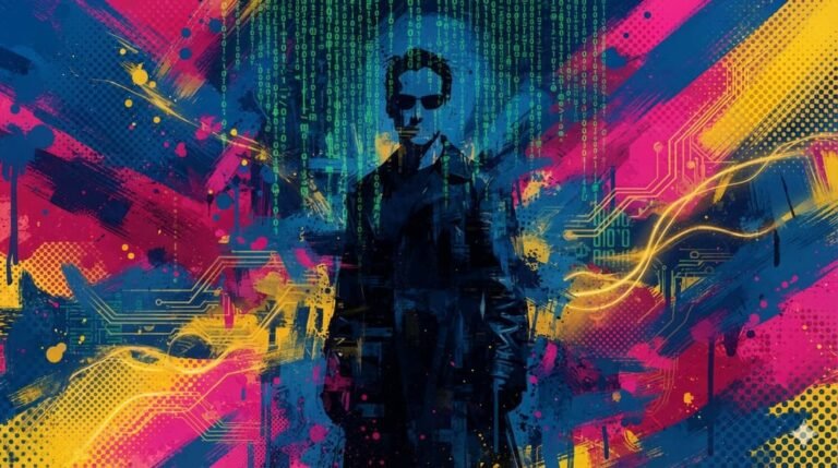 Ilustração pop-art cyberpunk com chuva de código verde, silhueta de sobretudo preto e óculos escuros em paleta azul, rosa e dourado — evocando o universo Matrix