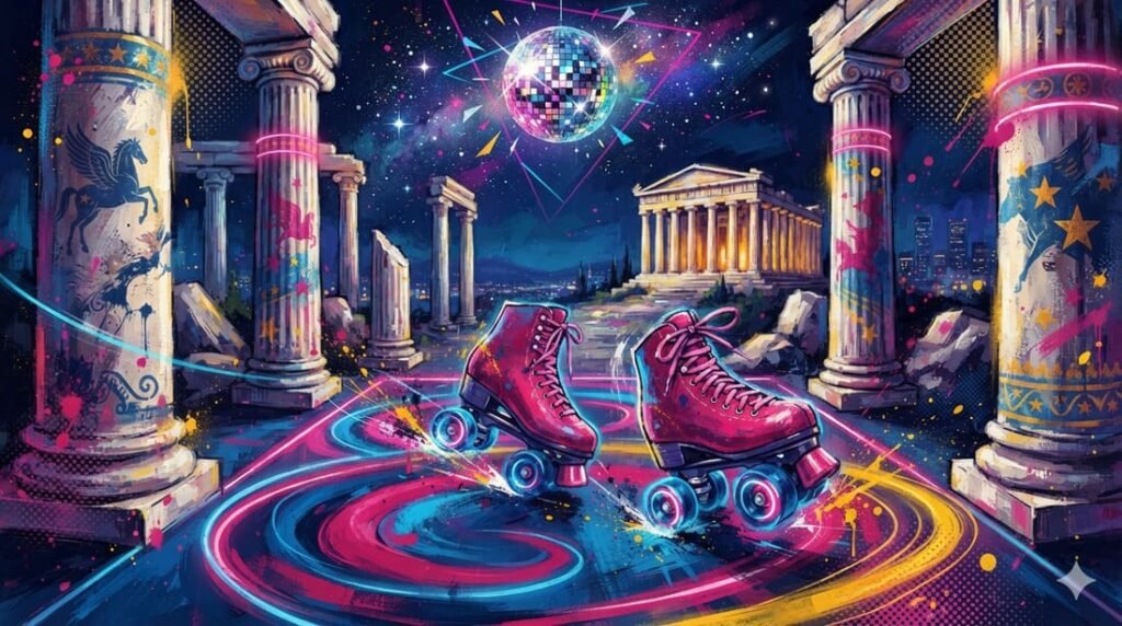 Ilustração pop-art com patins retrô de rodas neon, colunas gregas e globo de espelhos em paleta azul, rosa e dourado — evocando a fantasia neon de Xanadu (1980)