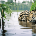 Panthera onca. Onca-pintada nadando em um rio no pantanal matogrossense.