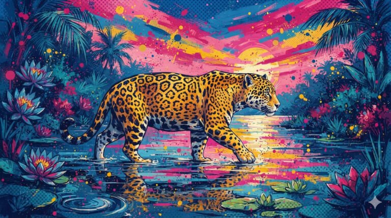 Ilustração pop-art de onça-pintada com rosetas detalhadas caminhando nas águas do Pantanal ao pôr do sol em paleta azul, rosa e dourado