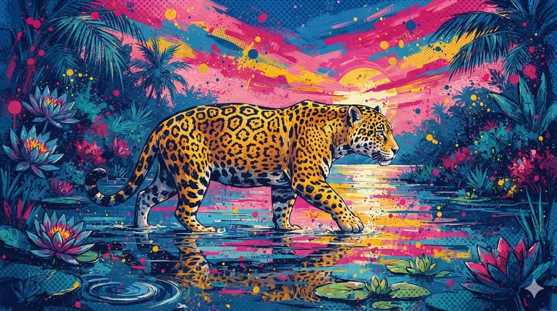 Ilustração pop-art de onça-pintada com rosetas detalhadas caminhando nas águas do Pantanal ao pôr do sol em paleta azul, rosa e dourado