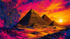 Ilustração pop-art das três pirâmides de Gizé ao pôr do sol com dunas de areia e céu dourado em paleta azul, rosa e dourado — evocando o mistério do Egito Antigo