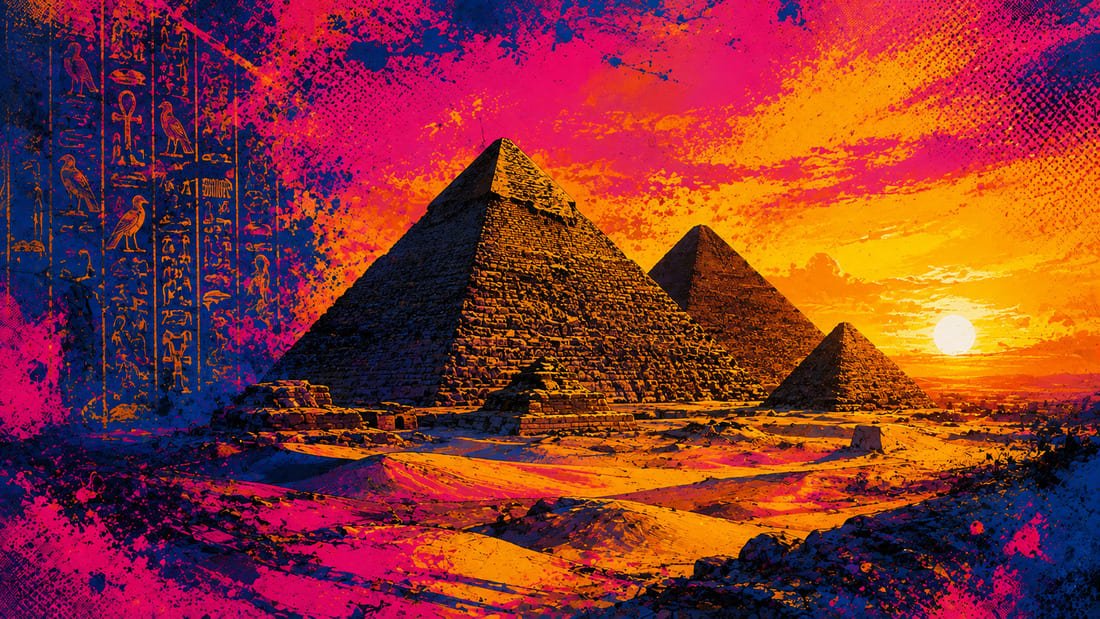 Ilustração pop-art das três pirâmides de Gizé ao pôr do sol com dunas de areia e céu dourado em paleta azul, rosa e dourado — evocando o mistério do Egito Antigo