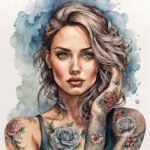 Desenho de uma jovem mulher com tattoos no rosto e ombros