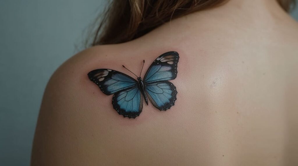 Tatuagem de borboleta azul em estilo micro realismo 3D no ombro de uma mulher, com detalhes vibrantes nas asas.