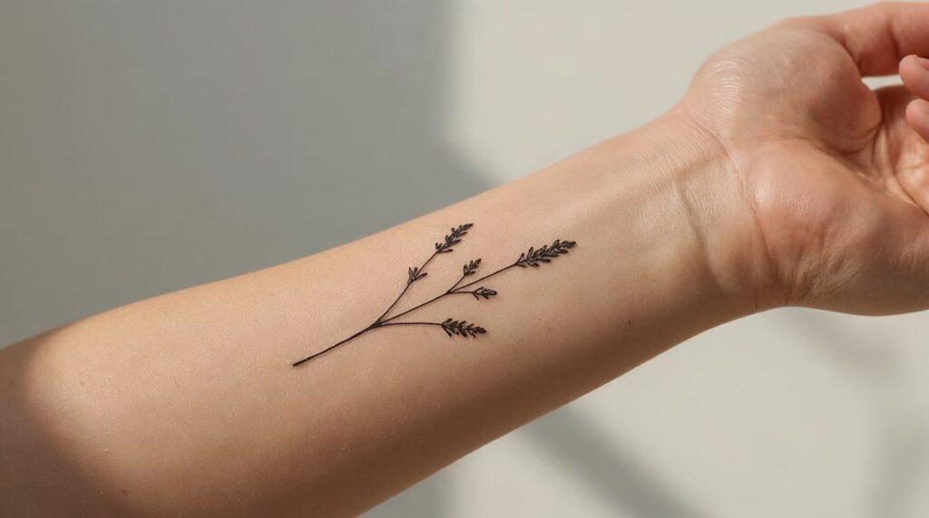 Tatuagem feminina delicada no antebraço com desenho de flores silvestres e lavanda em estilo traço fino (fine line).