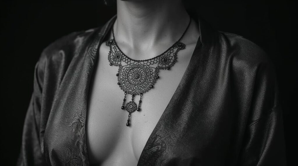 Tatuagens femininas. Tatuagem ornamental estilo mandala na região do esterno (underboob), com detalhes em pontilhismo que imitam uma joia.