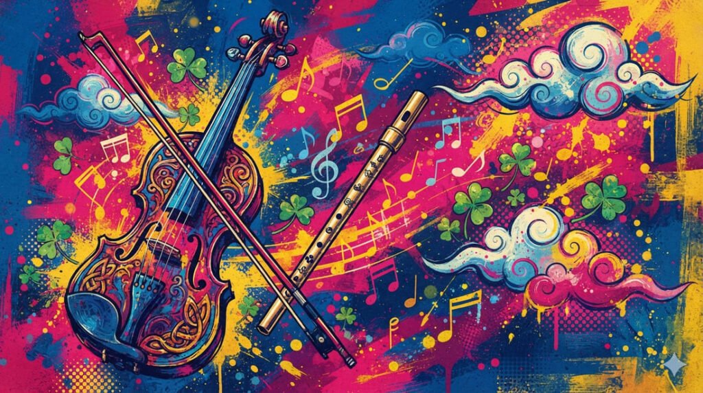 Ilustração pop-art com violino celta, tin whistle irlandês, notas musicais e trevos em paleta azul, rosa e dourado — evocando o som único dos The Corrs