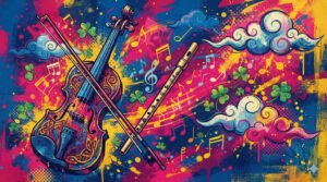 Ilustração pop-art com violino celta, tin whistle irlandês, notas musicais e trevos em paleta azul, rosa e dourado — evocando o som único dos The Corrs