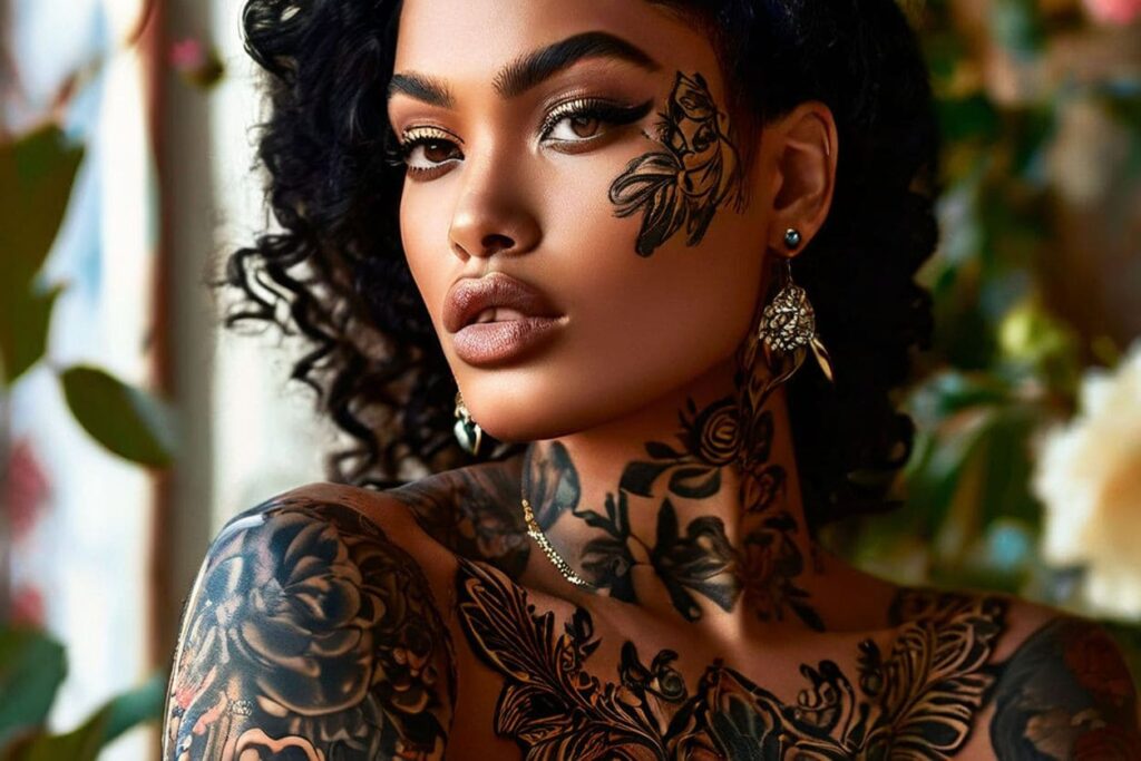 top-model-subtle-tattoo-adorning-the-cheek-intricate-floral-design-merging-with-natural-skin Tatuagem estilo floral. Imagem criada com IA
