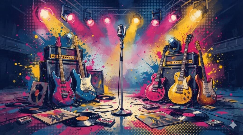 Ilustração pop-art com guitarras vintage, microfone, vinis e luzes de palco em paleta azul, rosa e dourado — evocando o legado de 50 anos do U2
