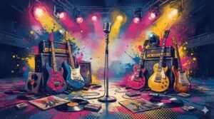 Ilustração pop-art com guitarras vintage, microfone, vinis e luzes de palco em paleta azul, rosa e dourado — evocando o legado de 50 anos do U2