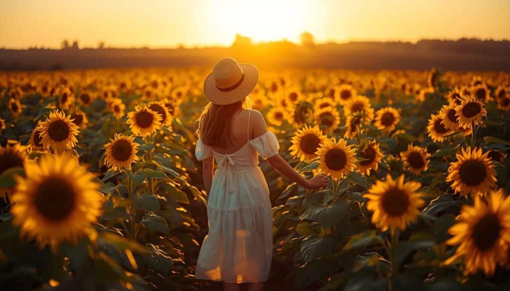 Jovem de costas com vestido de verão e chapéu, inclinada, olhando para um girassol em um campo de girassóis ao pôr do sol. A profundidade de campo é rasa, focando no girassol principal e na figura humana. Imagem estilo cottagecore com luz dourada.