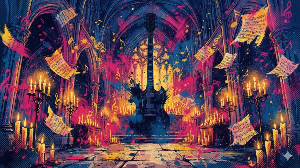 Ilustração pop-art com centenas de velas em espaço gótico, notas musicais flutuantes e silhueta de guitarra vintage em paleta azul, rosa e dourado — evocando "Who Wants To Live Forever"