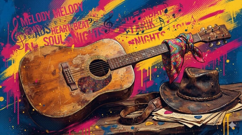Ilustração pop-art com violão acústico envelhecido, notas musicais flutuantes, bandana e chapéu de cowboy em paleta azul, rosa e dourado — evocando o legado de Willie Nelson