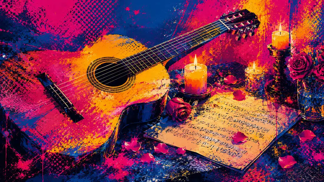 Ilustração pop-art abstrata com violão acústico, partitura musical e iluminação romântica de velas em paleta vibrante