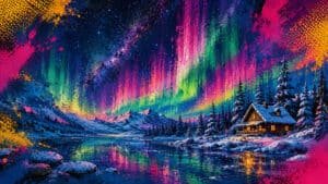 Céu noturno com cortinas de aurora boreal em verde, rosa e violeta sobre paisagem ártica nevada com cabana de madeira e lago congelado