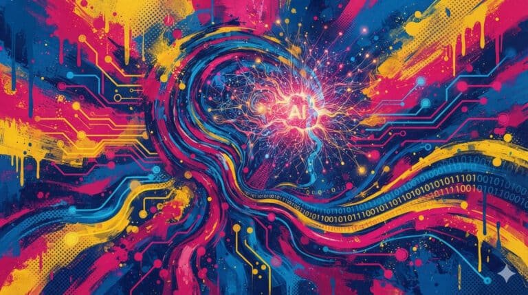 Ilustração abstrata de inteligência artificial com fluxos de dados, padrões de rede neural e conexões brilhantes em paleta pop-art