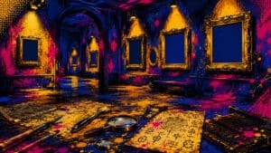 Galeria de museu misteriosa à noite com molduras douradas vazias iluminadas por spots, lupas e pincéis espalhados, atmosfera de investigação artística