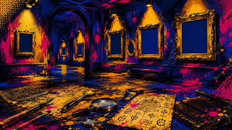 Galeria de museu misteriosa à noite com molduras douradas vazias iluminadas por spots, lupas e pincéis espalhados, atmosfera de investigação artística