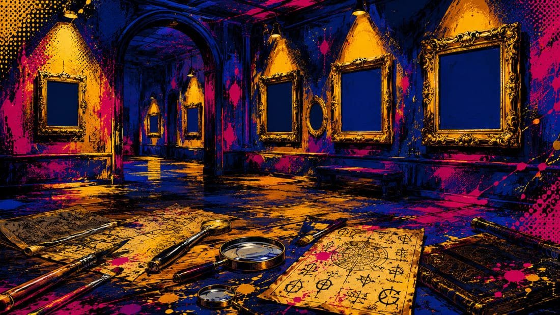 Galeria de museu misteriosa à noite com molduras douradas vazias iluminadas por spots, lupas e pincéis espalhados, atmosfera de investigação artística