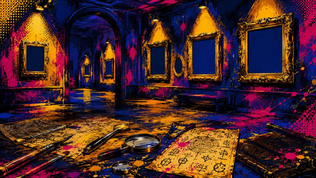 Galeria de museu misteriosa à noite com molduras douradas vazias iluminadas por spots, lupas e pincéis espalhados, atmosfera de investigação artística