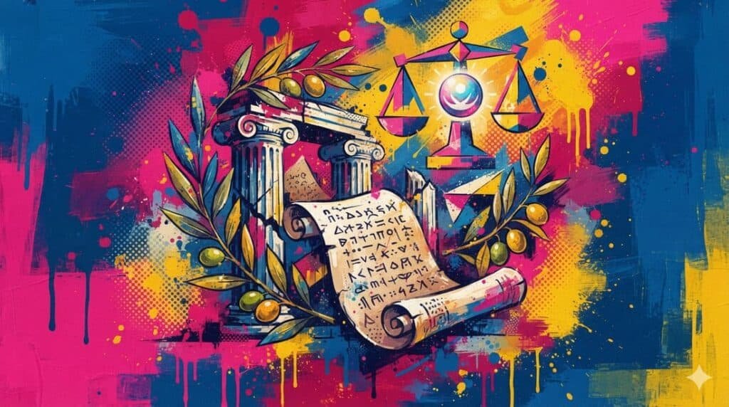 Ilustração pop-art abstrata com colunas gregas, pergaminho filosófico e ramos de oliveira, representando sabedoria e equilíbrio interior