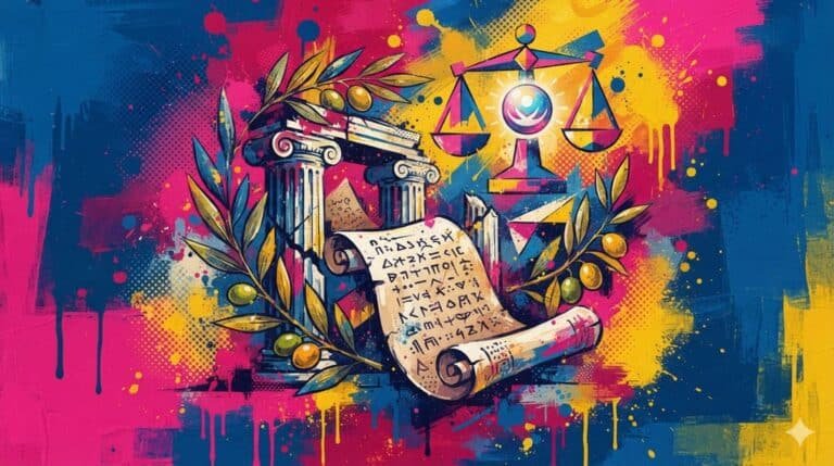 Ilustração pop-art abstrata com colunas gregas, pergaminho filosófico e ramos de oliveira, representando sabedoria e equilíbrio interior