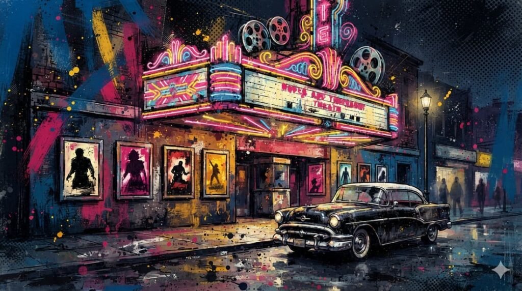 Letreiro de cinema retrô iluminado por neon à noite com rolos de filme e silhuetas de pôsteres sem texto