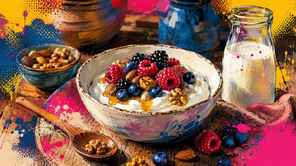 Tigela de cerâmica branca com iogurte natural cremoso coberto com frutas vermelhas frescas e mel, em cena de cozinha rústica