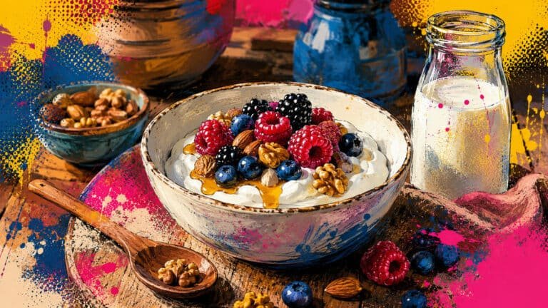 Tigela de cerâmica branca com iogurte natural cremoso coberto com frutas vermelhas frescas e mel, em cena de cozinha rústica