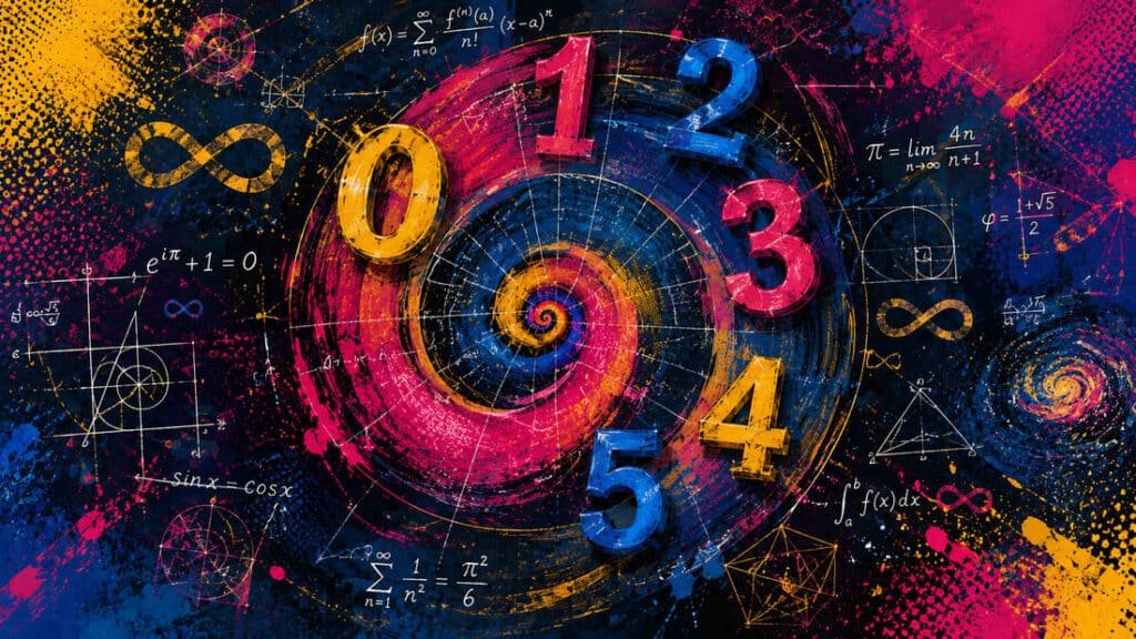 Composição artística abstrata com números naturais 0, 1, 2, 3, 4, 5 em espiral, símbolos matemáticos e formas geométricas