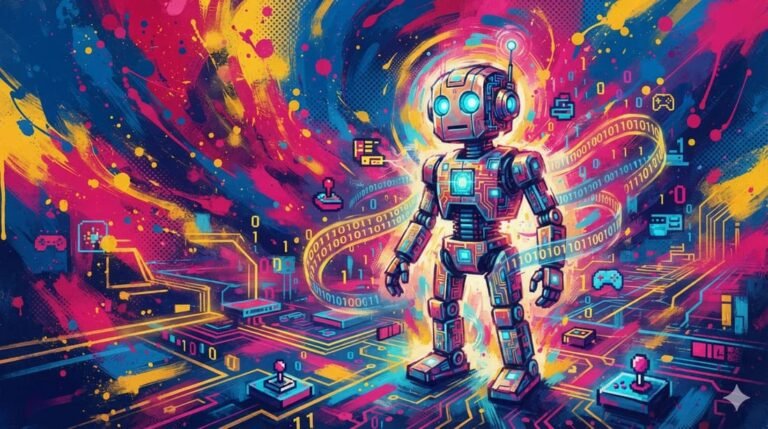 Personagem robótico estilizado com olhos brilhantes em paisagem digital futurista, código binário flutuando, estética de games retrô