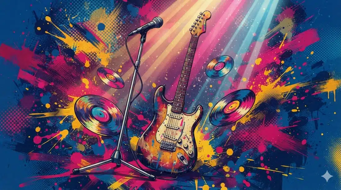Ilustração pop-art abstrata com guitarra elétrica vintage, microfone e discos de vinil em atmosfera melancólica dos anos 90