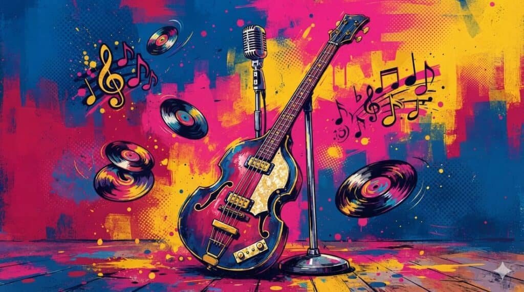 Ilustração pop-art retrô de baixo elétrico estilo violin e microfone com notas musicais flutuando e discos de vinil, estética Liverpool anos 60