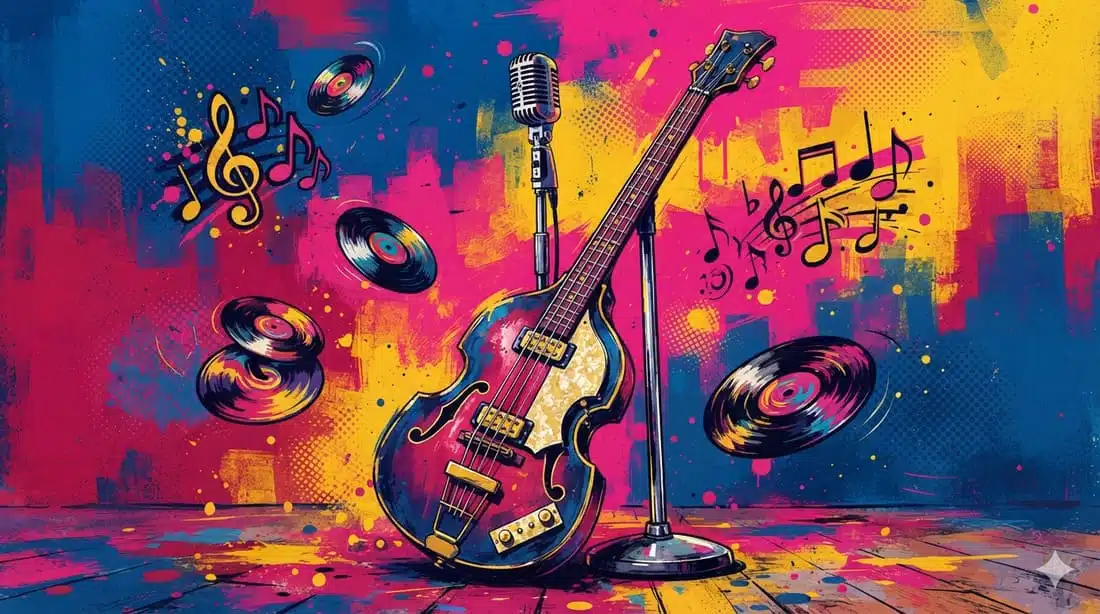 Ilustração pop-art retrô de baixo elétrico estilo violin e microfone com notas musicais flutuando e discos de vinil, estética Liverpool anos 60