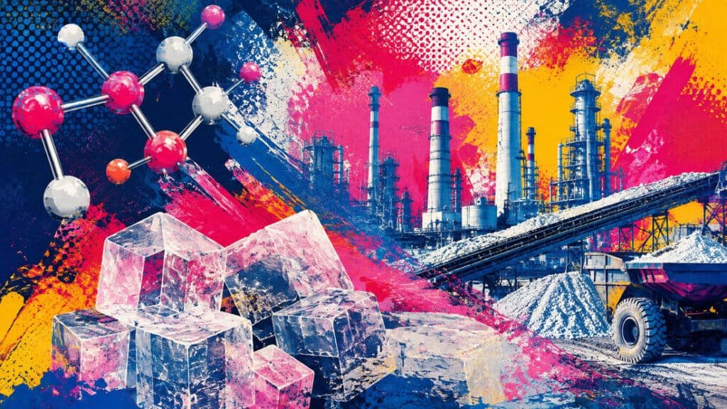 Ilustração pop-art abstrata com cristais cúbicos de sal, estruturas moleculares de NaCl e silhuetas de equipamentos industriais