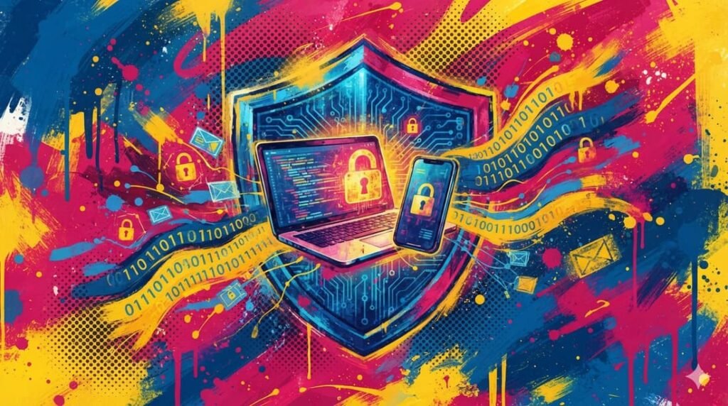 Escudo digital protegendo laptop e smartphone com código binário e símbolos de cadeado, representando cibersegurança